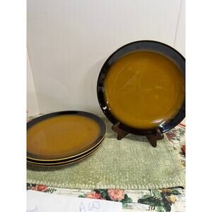 Vintage Kristina Montego Dinner Plates Set 4 Amber Black Drip Glaze USA MCM